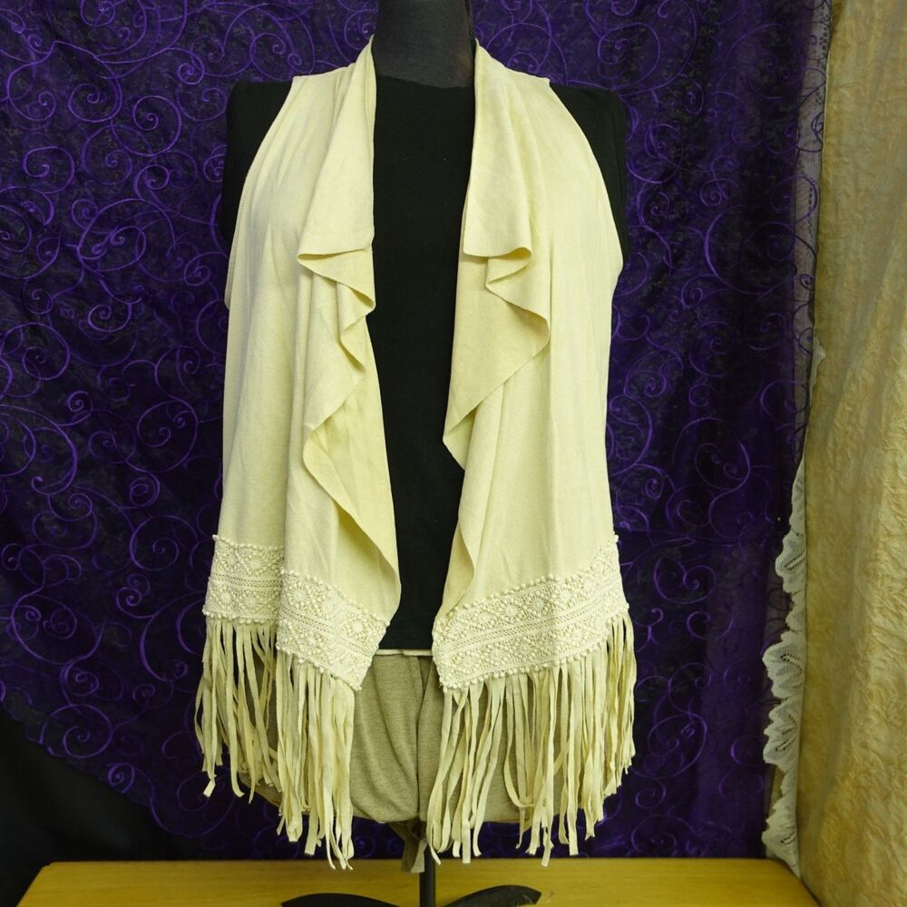 Vanity Womens Sz L/XL Open Front Fringe Vest Sleeveless Western Faux Suede Top